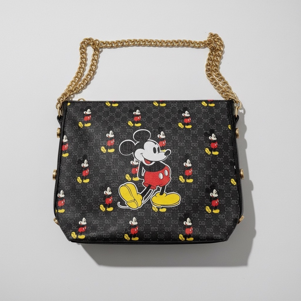 Character Print Black Crossbody Bag with Gold Chain